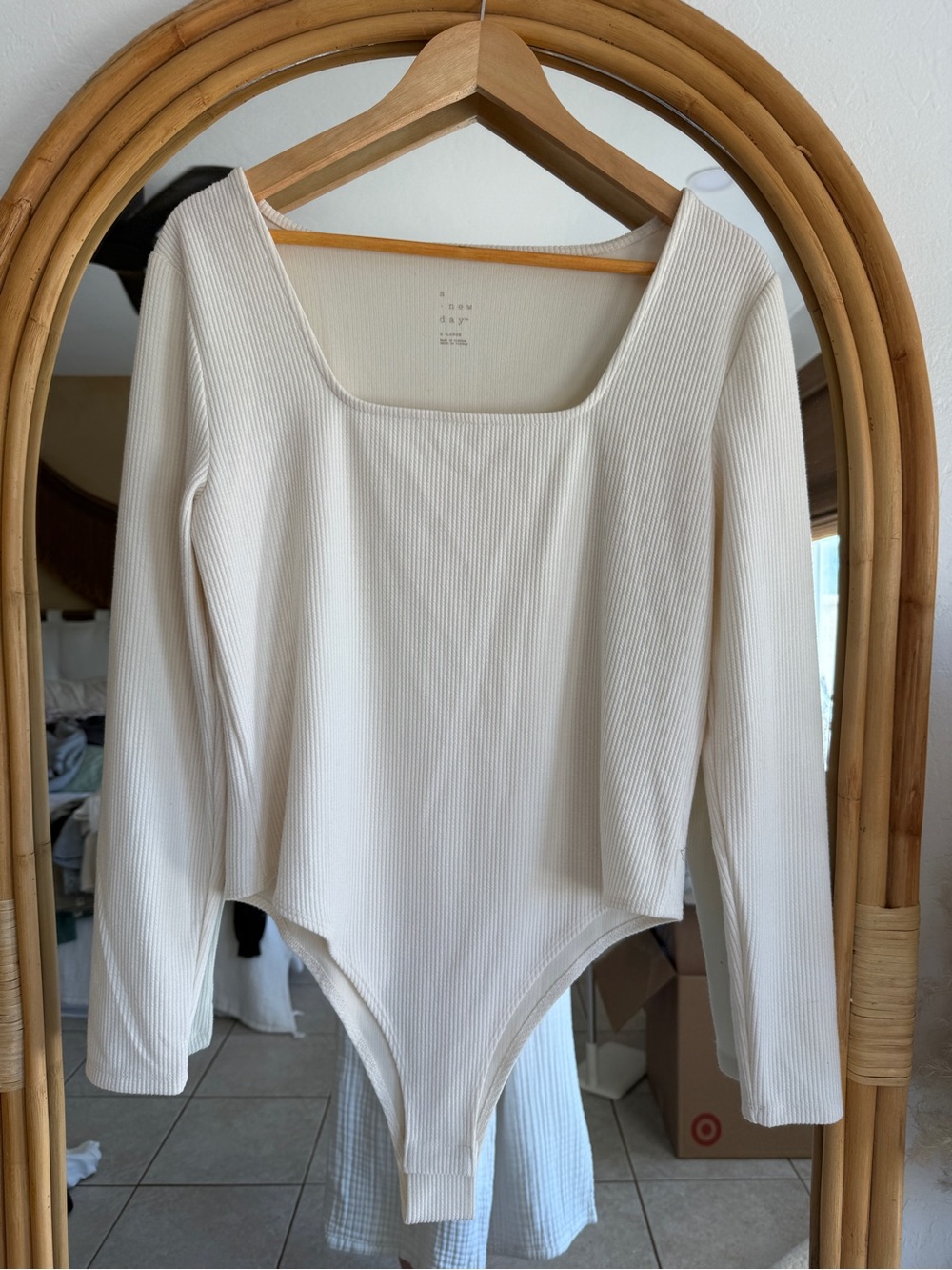a new day Cream Ribbed Square-Neck Long-Sleeve Bodysuit